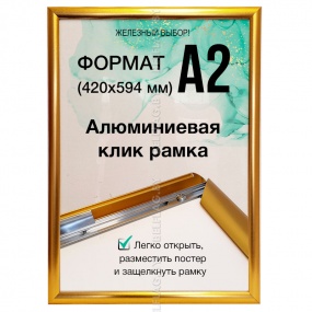 Рамка алюминиевая, защелкивающаяся, формат А2, цвет золото
