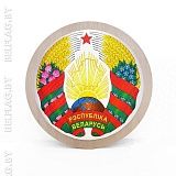 Интерьерный герб РБ 35 см, объемный на атласе, основа — ЛДСП светлый дуб