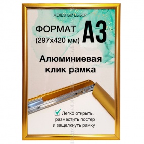 Рамка алюминиевая, защелкивающаяся, формат А3, цвет золото